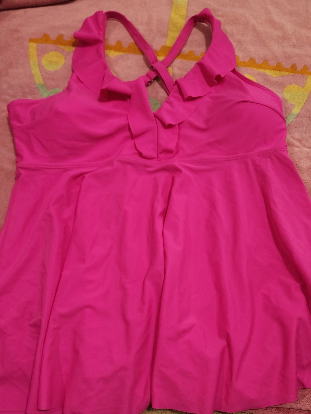 Women’s Pink Ruffle Front Crisscross Back Tankini Top 2X Barbiecore Hot Pink NWT